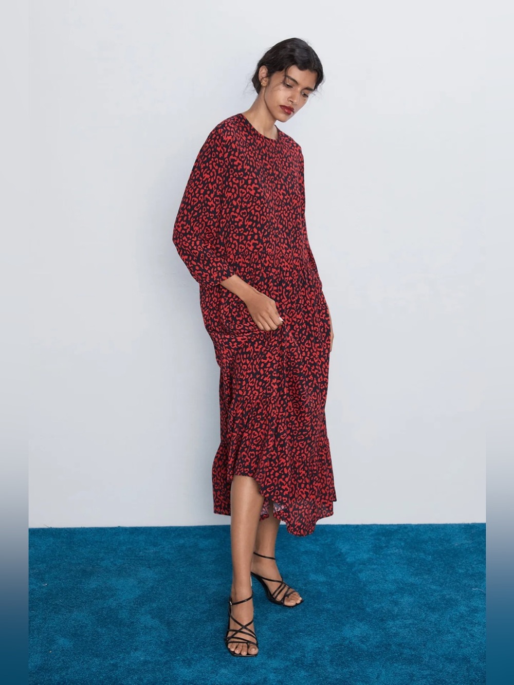 ZARA The Polka Dot Midi Dress in Leopard Animal Print Small Red